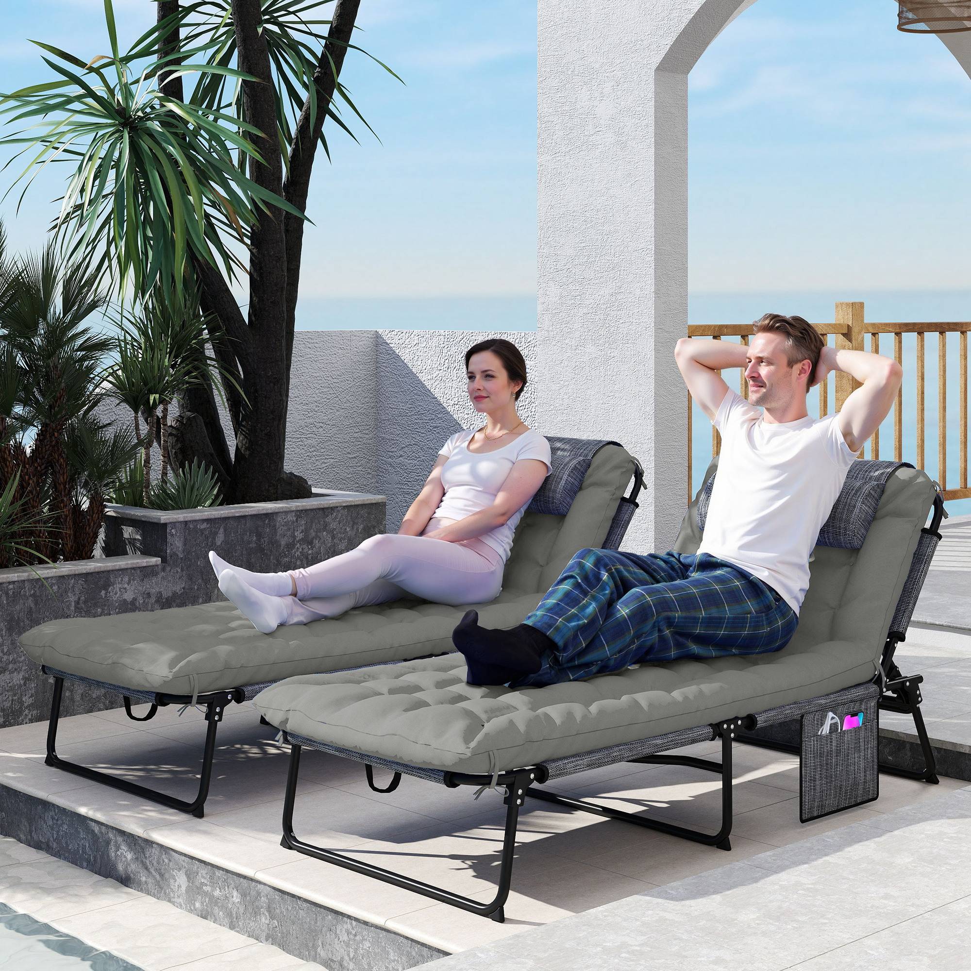 Outsunny - Lot 2 transats bains de soleil pliables dossier inclinable 4 positions, appui-tête, matelas épais confortable textilène/acier gris - Outsunny - Image 2