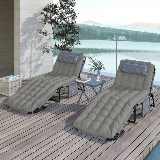 Outsunny - Lot 2 transats bains de soleil pliables dossier inclinable 4 positions, appui-tête, matelas épais confortable textilène/acier gris - Outsunny - Image 5