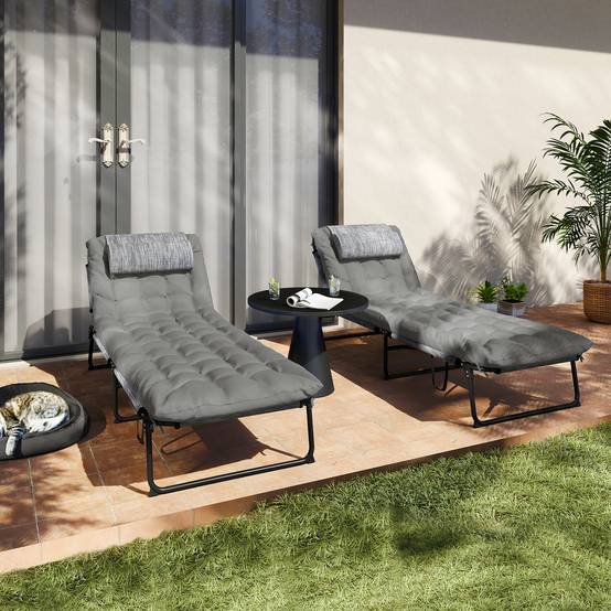 Outsunny - Lot 2 transats bains de soleil pliables dossier inclinable 4 positions, appui-tête, matelas épais confortable textilène/acier gris - Outsunny - Image 4