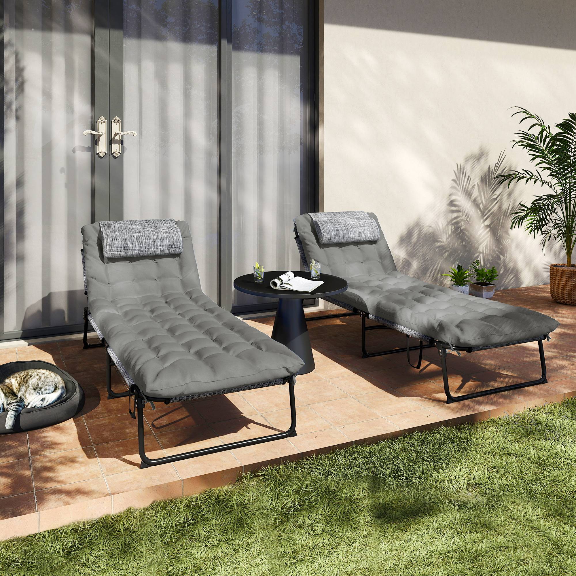 Outsunny - Lot 2 transats bains de soleil pliables dossier inclinable 4 positions, appui-tête, matelas épais confortable textilène/acier gris - Outsunny - Image 4