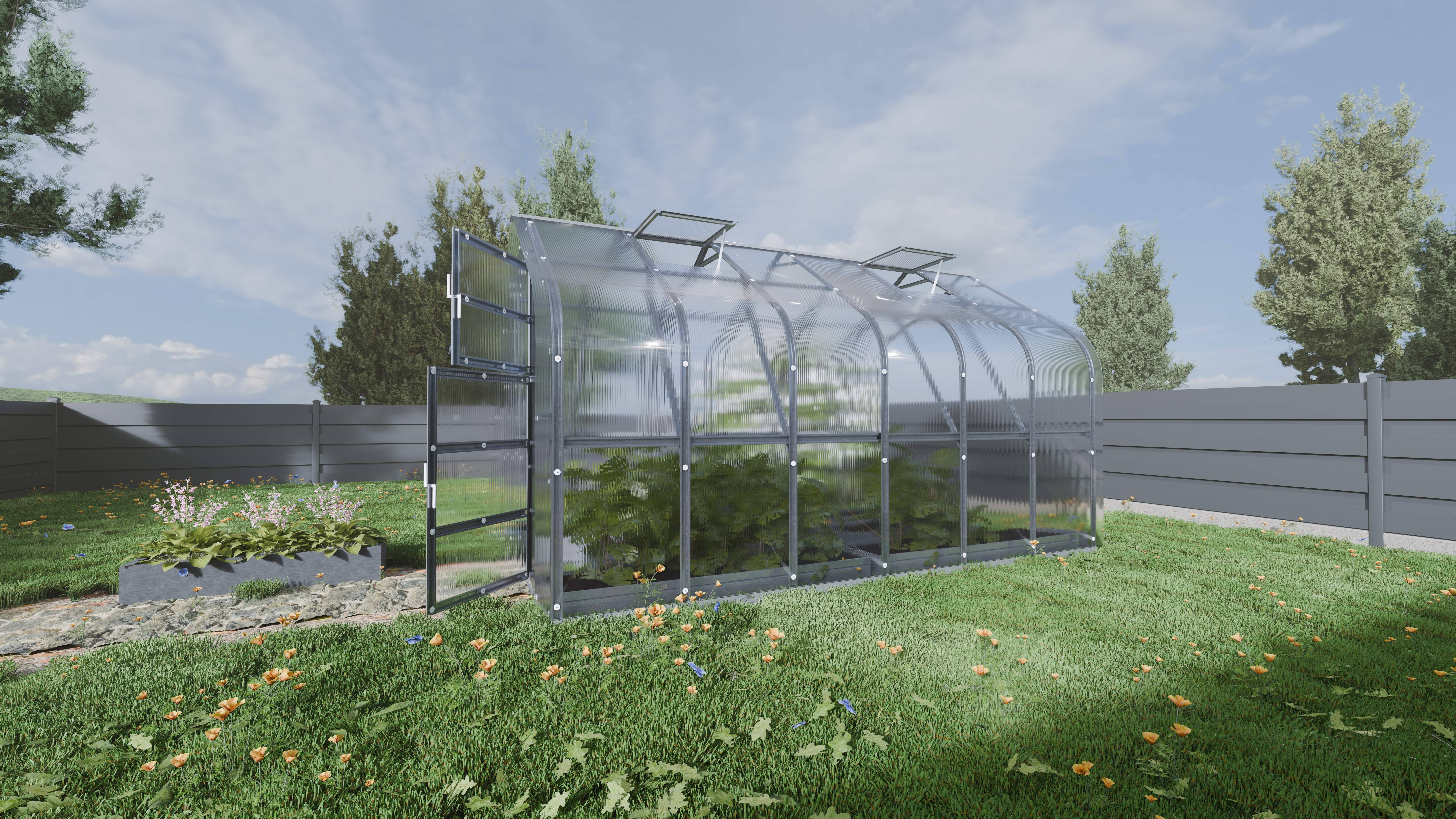 Serre KLASIKA Standard 10m2, 2,5m x 4m, 4 mm avec revêtement en polycarbonate (Avec 2 toits ouvrants automatiques) - Image 2
