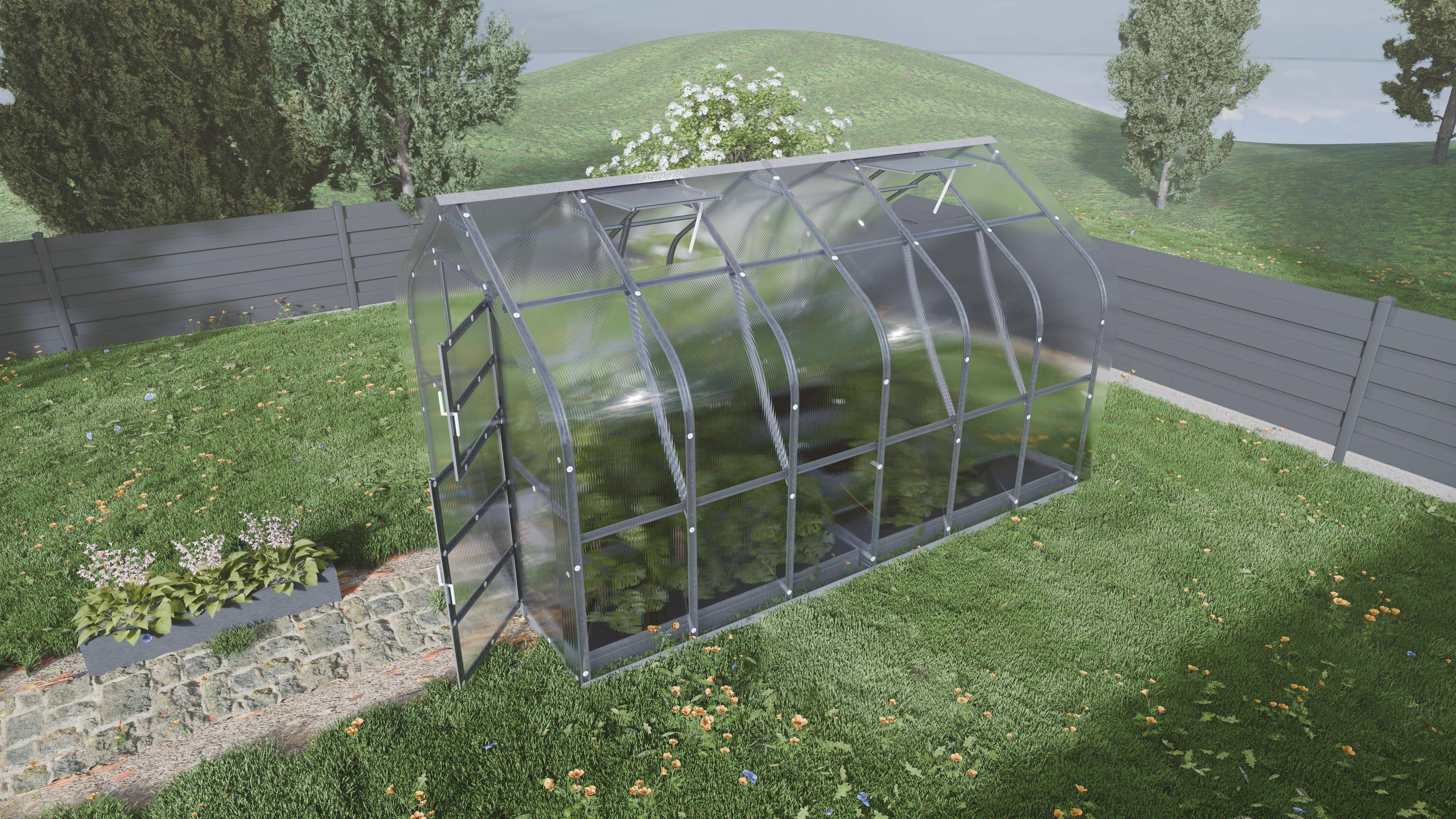 Serre KLASIKA Standard 10m2, 2,5m x 4m, 4 mm avec revêtement en polycarbonate (Avec 2 toits ouvrants automatiques) - Image 1