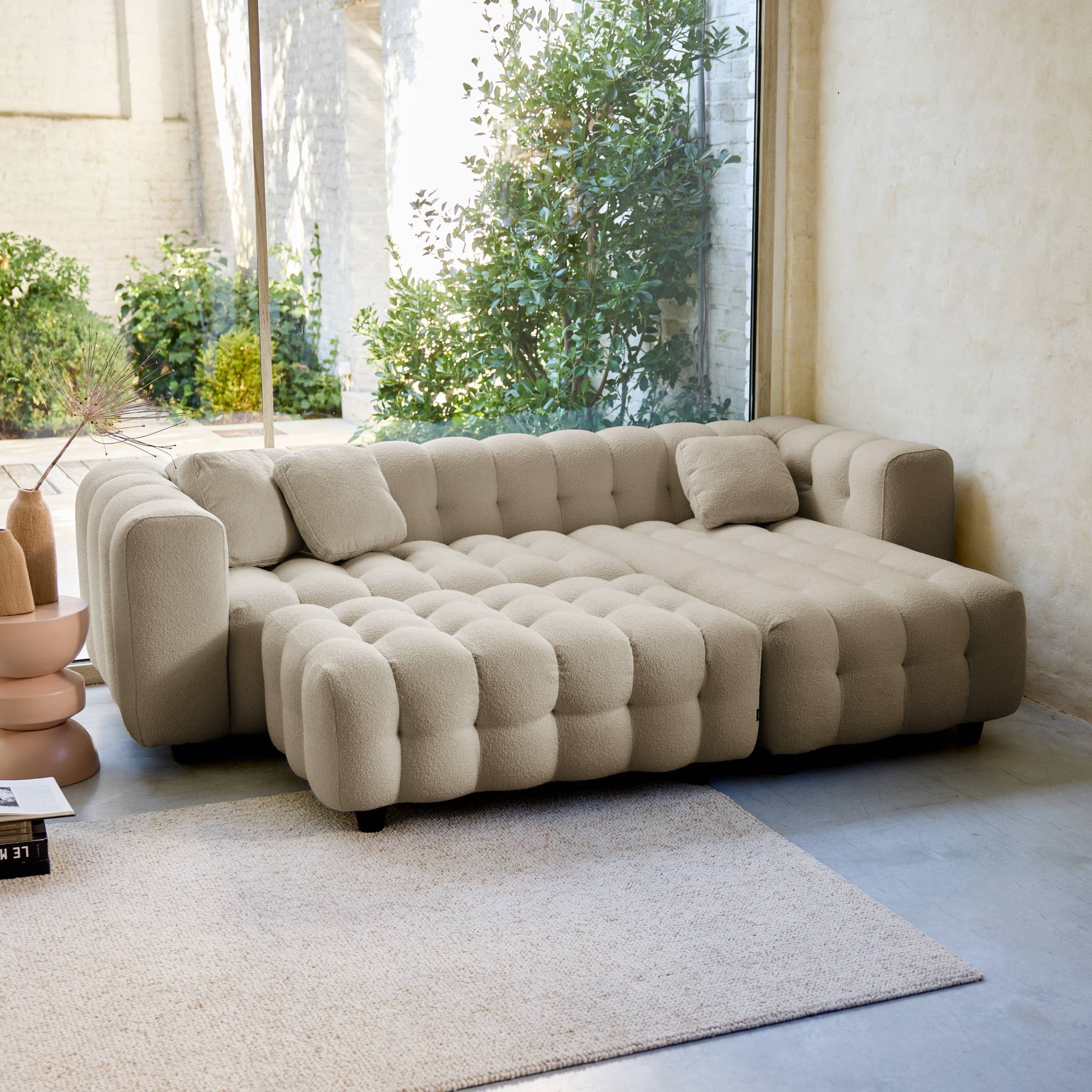 sweeek - Pouf. module pour canapé. repose-pieds pour canapé d'angle 3 places en bouclette texturée beige L 115 x P 70 x H 48cm - Leon | sweeek - Image 6