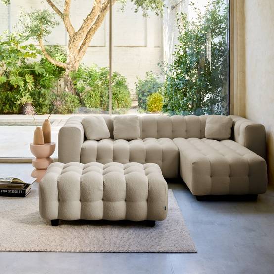 sweeek - Pouf. module pour canapé. repose-pieds pour canapé d'angle 3 places en bouclette texturée beige L 115 x P 70 x H 48cm - Leon | sweeek - Image 1