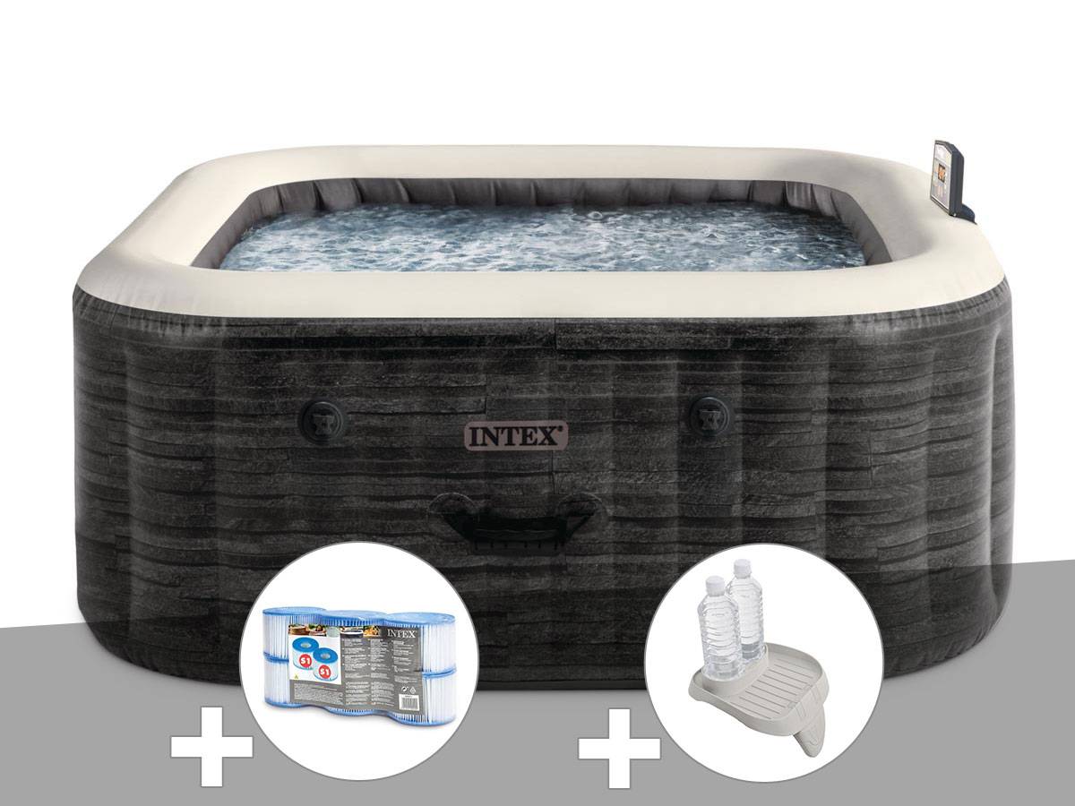 Kit spa gonflable Intex PureSpa Ardoise carré Bulles 4 places + 6 filtres + Porte-verre