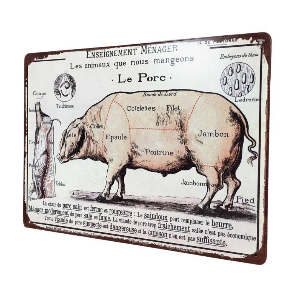 ~ Plaque boucheries coupe de porc en fer multicolore 33x25cm Chemin de campagne - Image 1