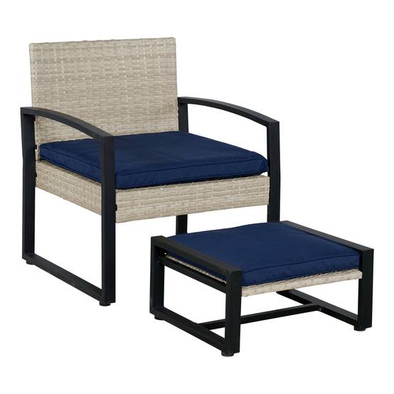 Casa.Pro - Salon de jardin 5 pièces Calvello avec table 2 chaises 2 repose-pieds aspect rotin bleu marine noir casa.pro - Image 6