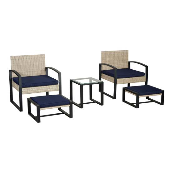 Casa.Pro - Salon de jardin 5 pièces Calvello avec table 2 chaises 2 repose-pieds aspect rotin bleu marine noir casa.pro - Image 1
