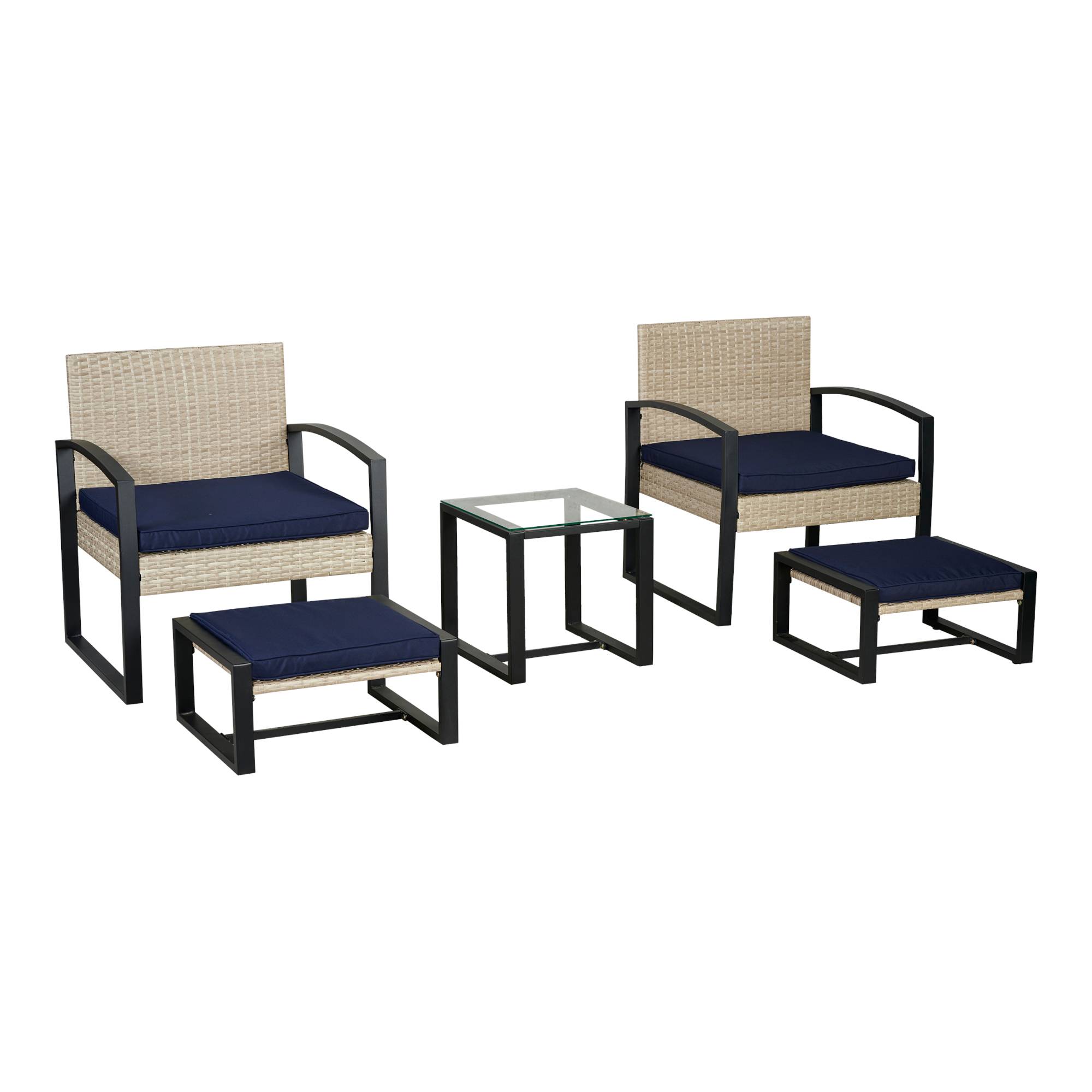 Casa.Pro - Salon de jardin 5 pièces Calvello avec table 2 chaises 2 repose-pieds aspect rotin bleu marine noir casa.pro - Image 1
