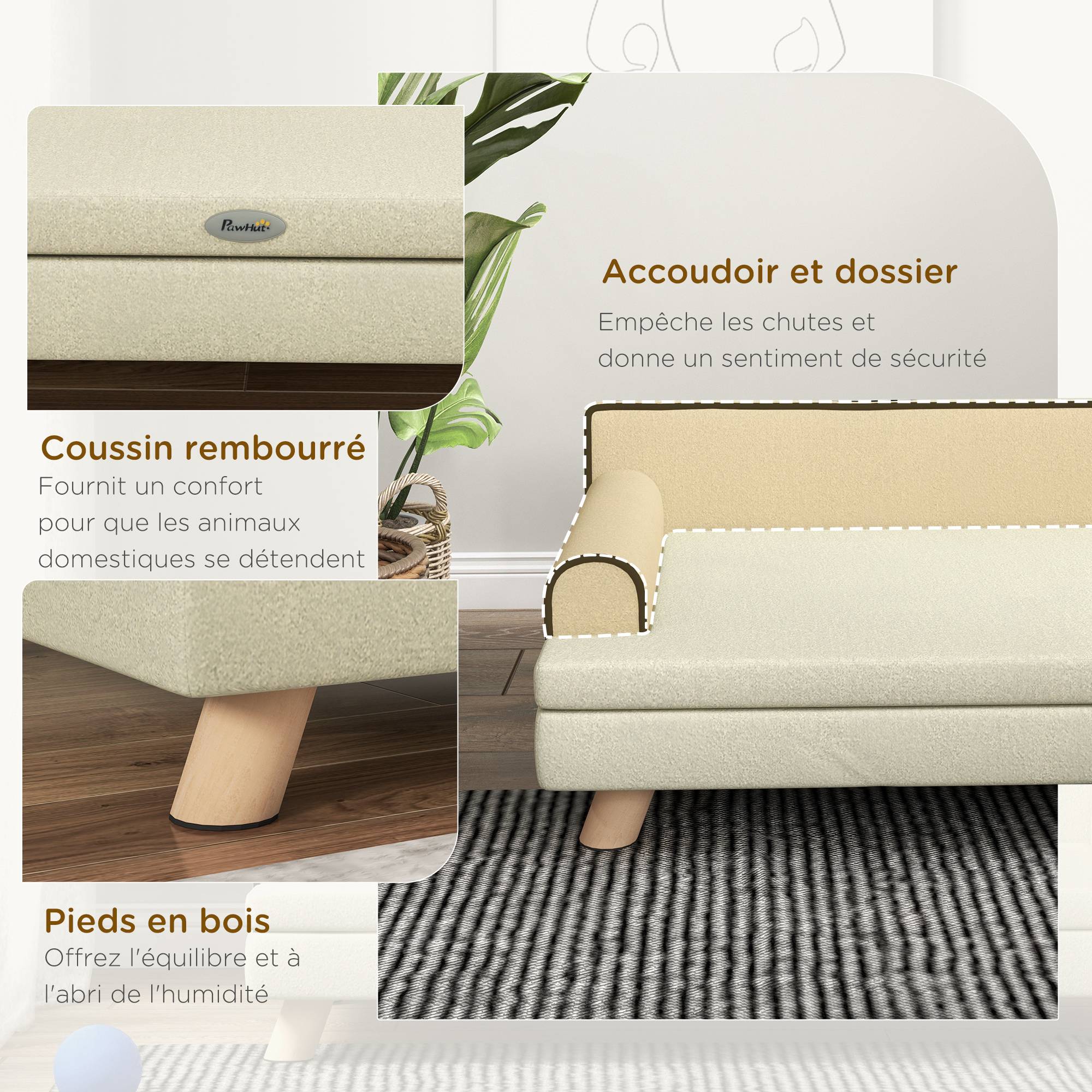 Canapé pour chien chat design scandinave coussin moelleux amovible pieds bois massif 100 x 62 x 32 cm beige - Image 8