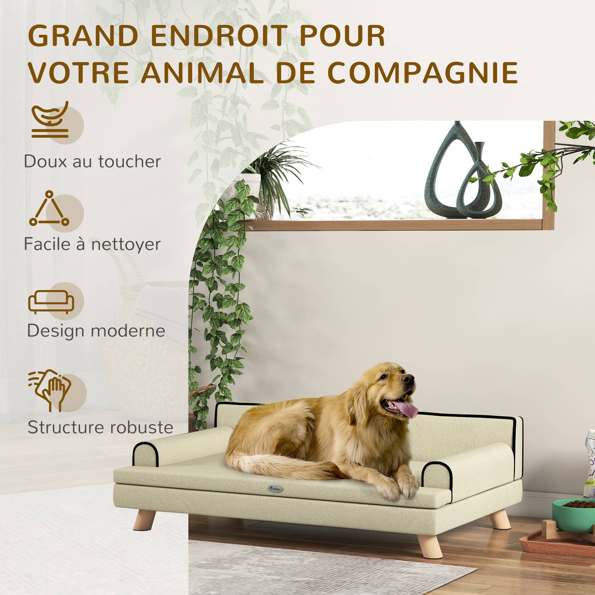 Canapé pour chien chat design scandinave coussin moelleux amovible pieds bois massif 100 x 62 x 32 cm beige - Image 9