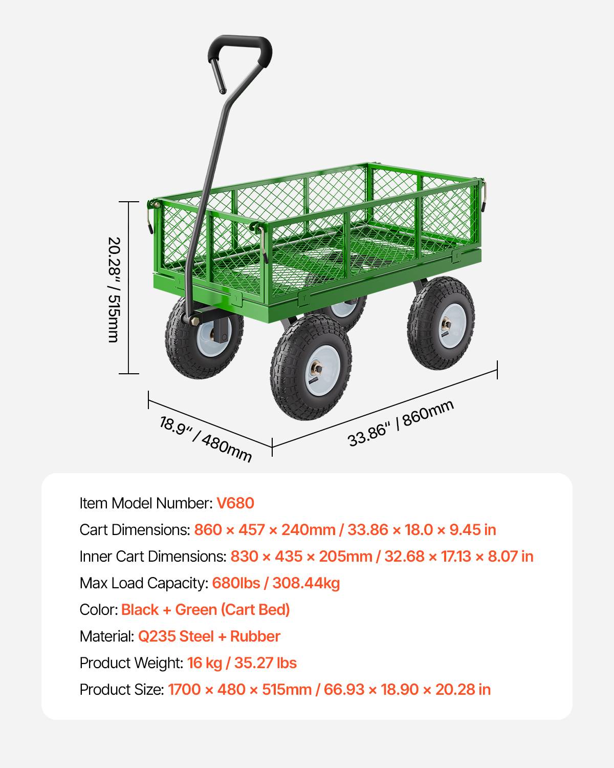 VEVOR Chariot jardin transport, charge 308,44 kg, métal, pneus 254 mm, côtes amovibles. - Image 7