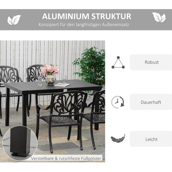 Table repas aluminium plastique noire 140x90x74cm, 6 personnes mobilier jardin terrasse - Image 5