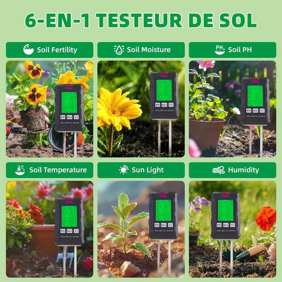 IntiMeg - 6 en 1 Hygrometre Plante avec Fertilité du Sol/Humidité/pH/Température/Lumière Solaire/Humidité Ambiante - IntiMeg - Image 2