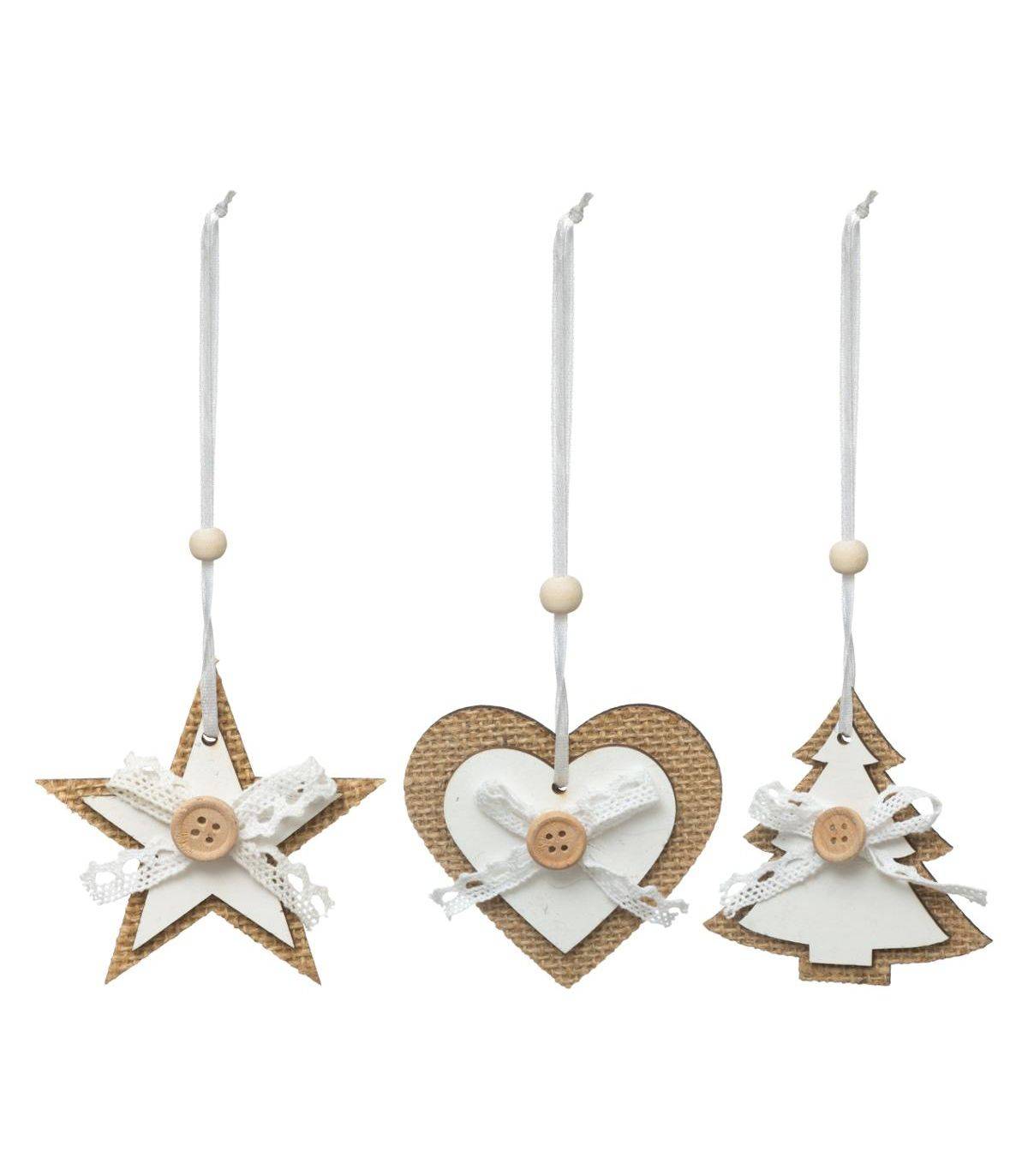 Déco de sapin Lot de 3 formes Coeur Etoile et Sapin en Bois Blanc et Jute