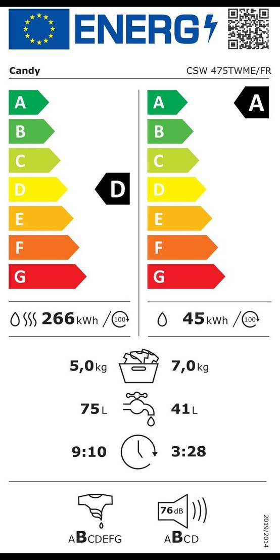 Lave-linge séchant Candy CSW 475TWME/FR, 7 kg lavage et 5 kg séchage, moteur BLDC 1400 tr/min, 51 dB - CANDY - Image 4