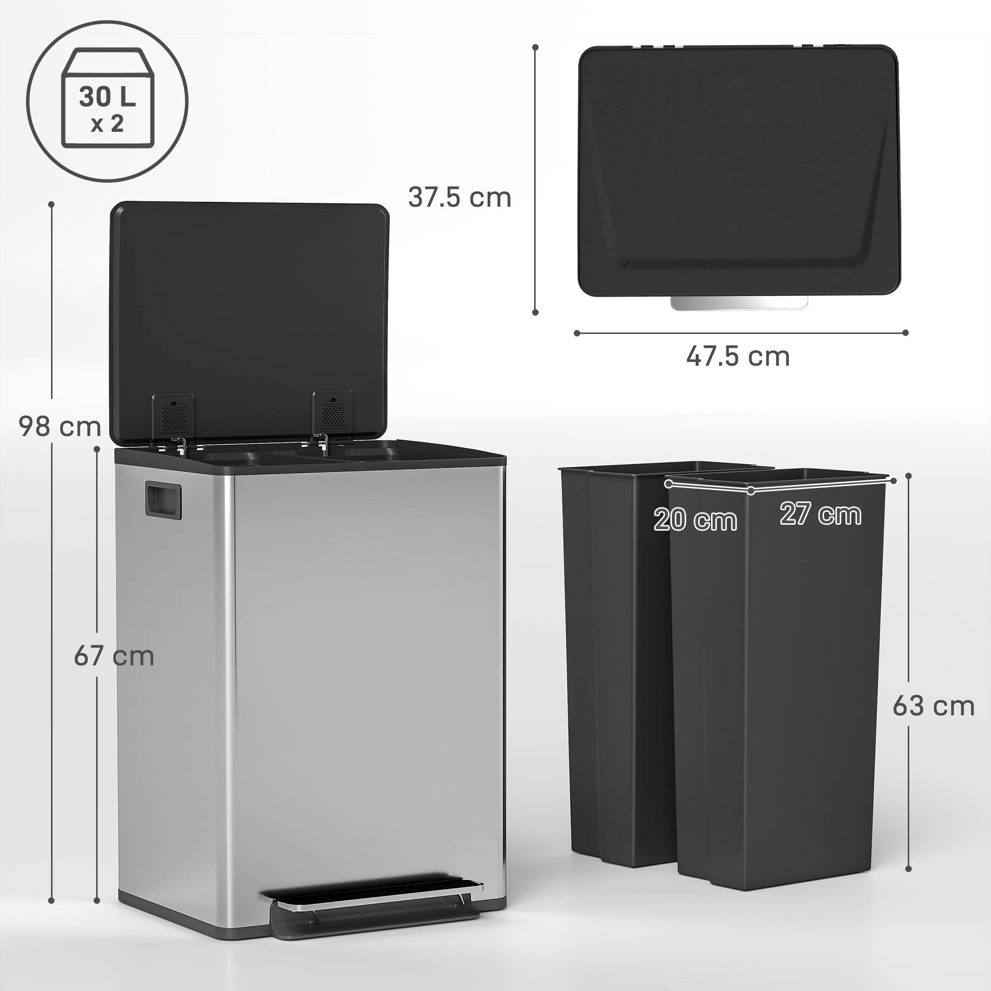 Sans Marque - Gourde pédale 2 compartiments 30 L couvercle rembourré seaux amovibles acier inoxydable argent - Image 5