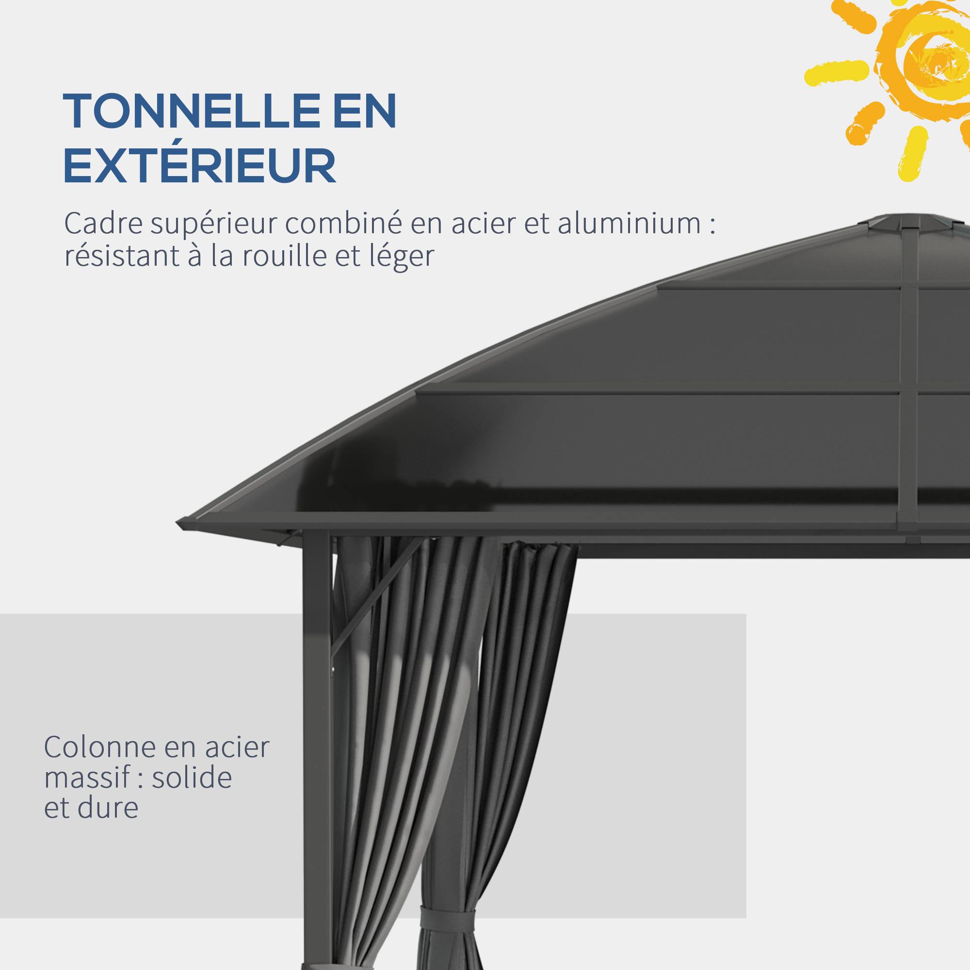 Outsunny - Tonnelle pavillon jardin 3x3m imperméable UV60+ structure aluminium toit polycarbonate gris foncé - Outsunny - Image 5