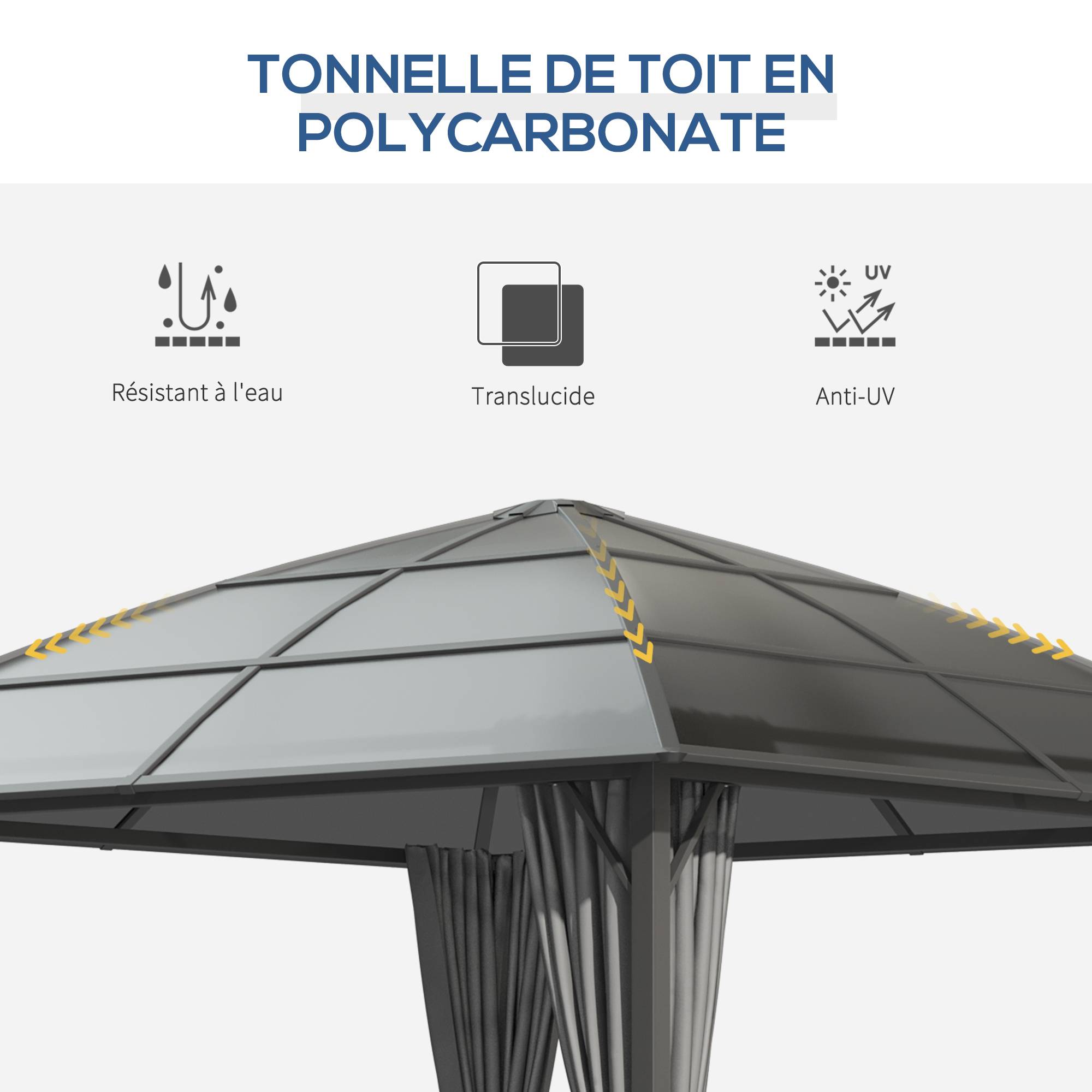 Outsunny - Tonnelle pavillon jardin 3x3m imperméable UV60+ structure aluminium toit polycarbonate gris foncé - Outsunny - Image 4