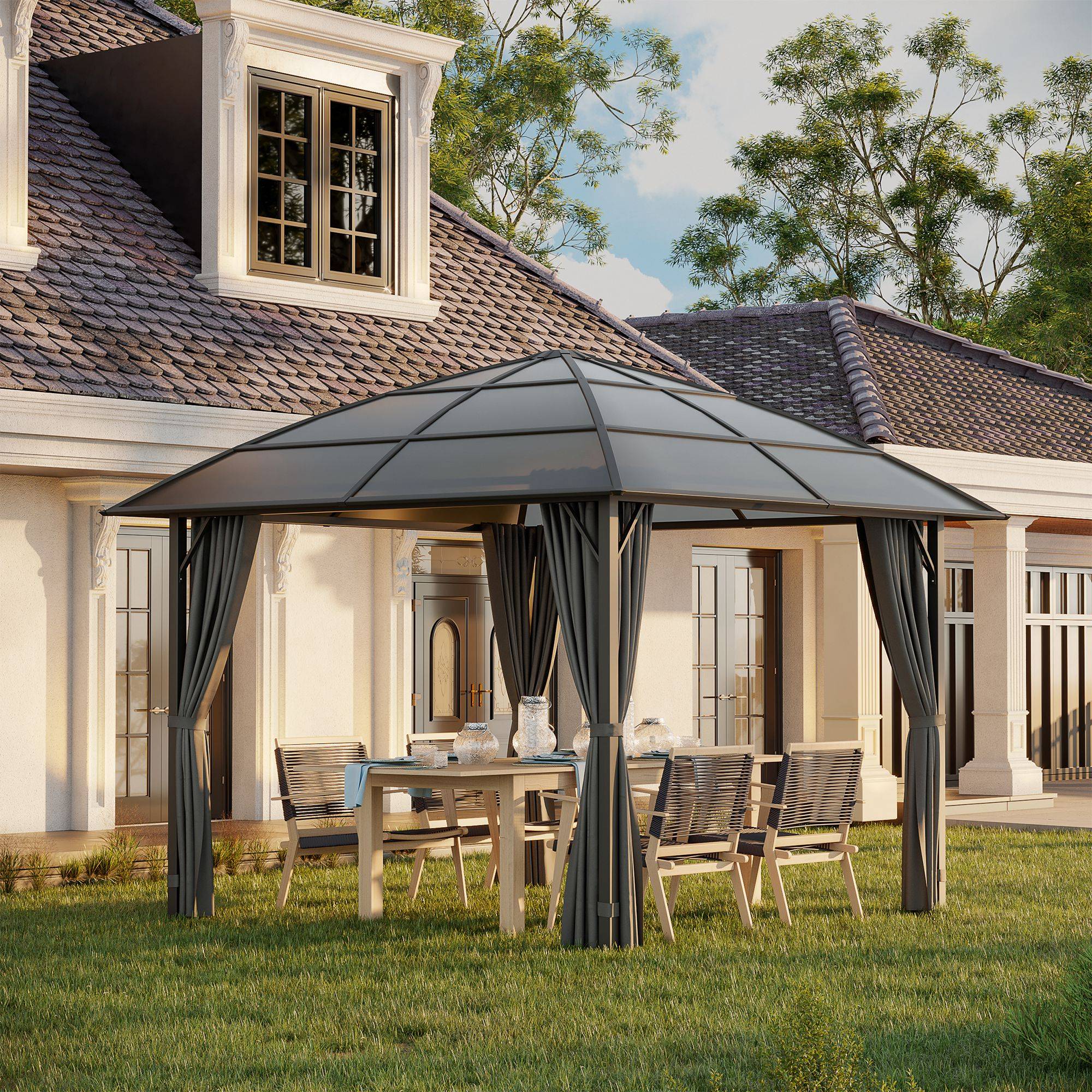 Outsunny - Tonnelle pavillon jardin 3x3m imperméable UV60+ structure aluminium toit polycarbonate gris foncé - Outsunny - Image 2