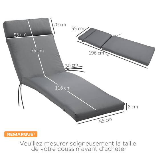 Coussin Chaise Longue Outsunny 196x55x8 Cm – Épais 8 Cm, Polyester 180 G/m², Gris Foncé, Sangles Anti-Glisse