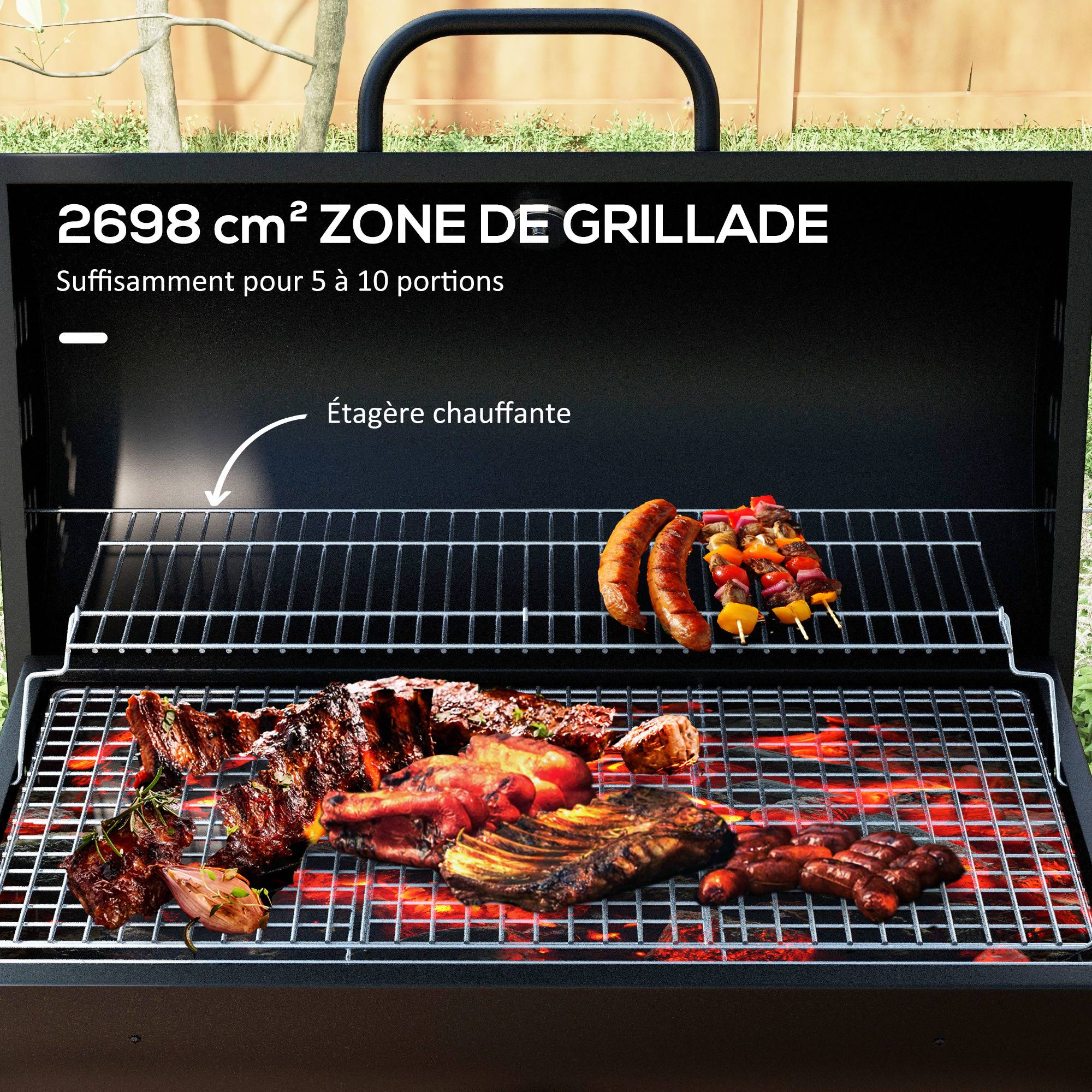 Outsunny - Barbecue charbon de bois avec couvercle 95x71,5x102 cm avec grille, thermomètre, roues, poignée pour jardin/patio noir - Outsunny - Image 7