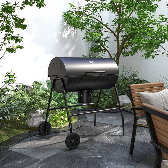 Outsunny - Barbecue charbon de bois avec couvercle 95x71,5x102 cm avec grille, thermomètre, roues, poignée pour jardin/patio noir - Outsunny - Image 2