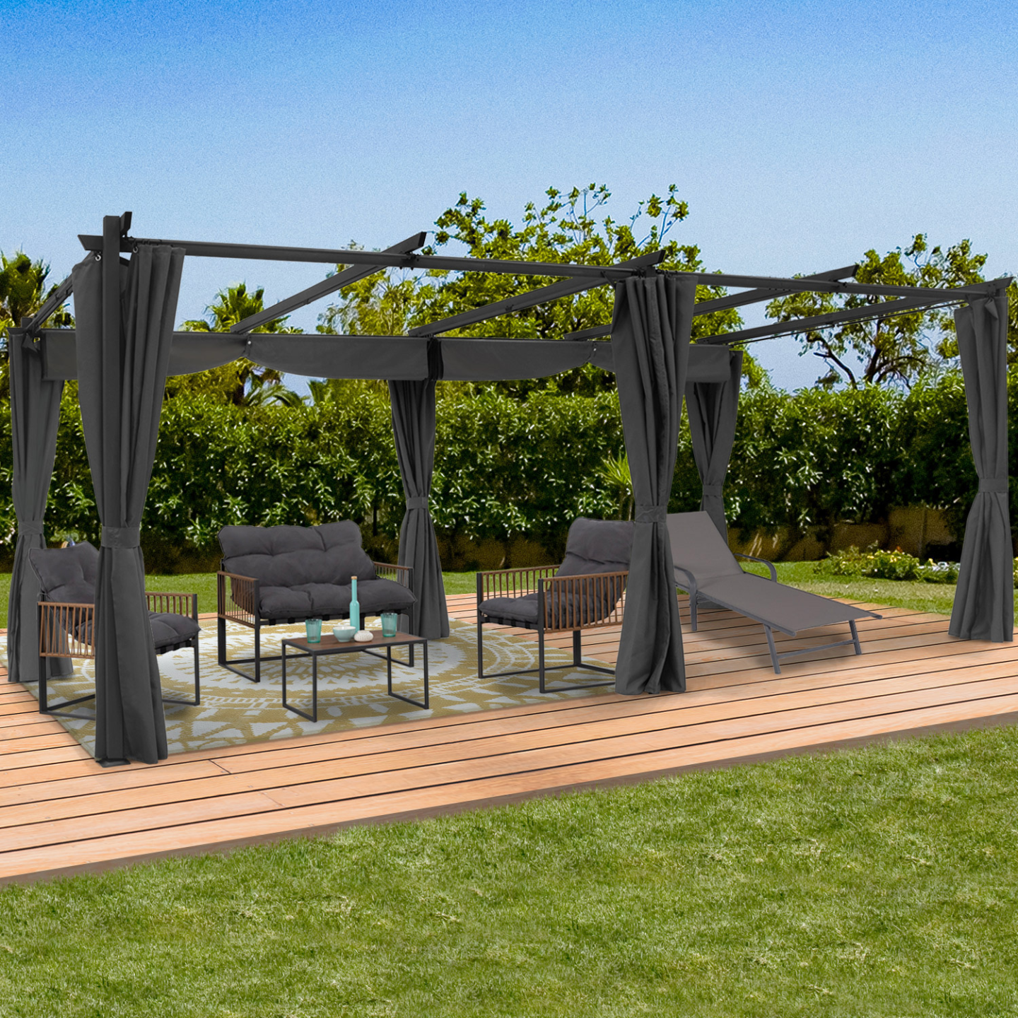 Pergola édition limitée toit rétractable 3x6 M et 6 rideaux gris anthracite - Image 3