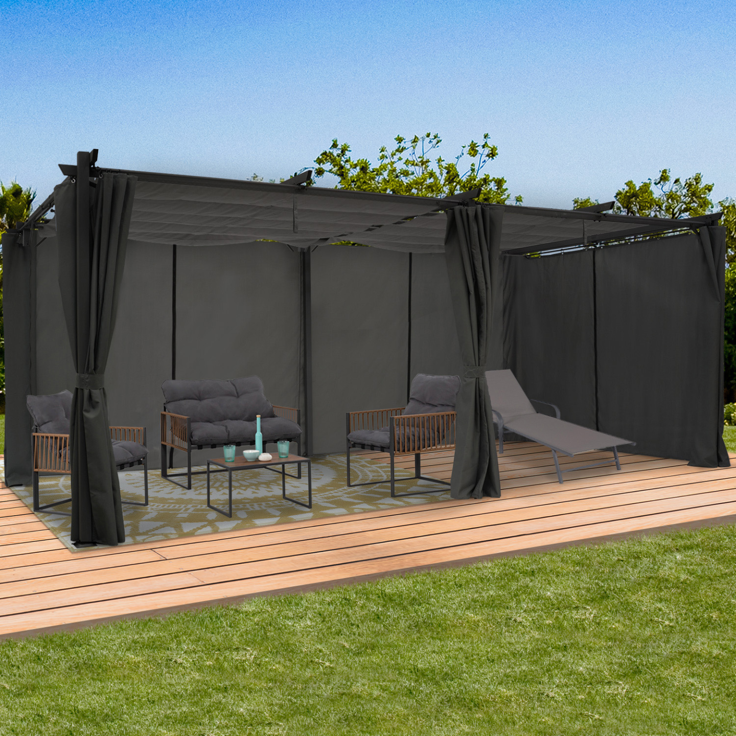 Pergola édition limitée toit rétractable 3x6 M et 6 rideaux gris anthracite - Image 1