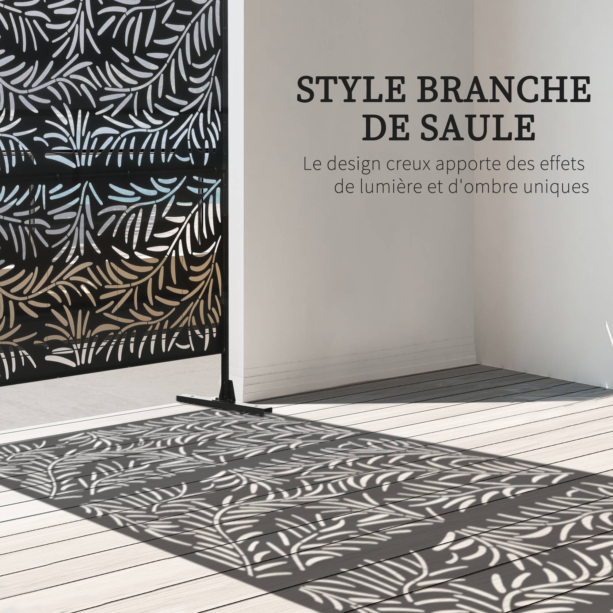 Panneau décoratif extérieur paravent extérieur en acier motifs de branches de saule découpées 122 x 45 x 198 cm noir - Image 6