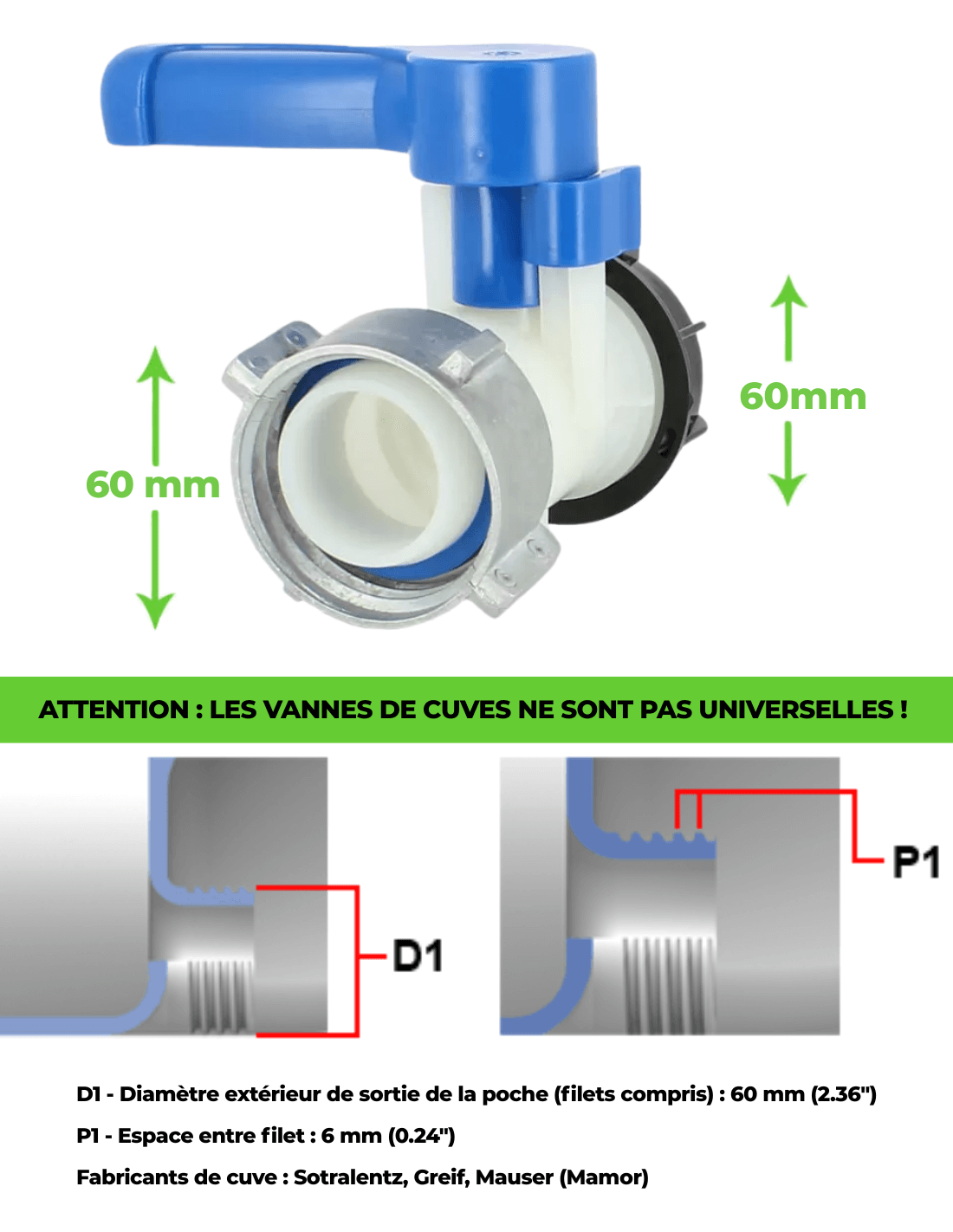 Vanne cuve - écrou S60X6 et sortie S60X6 - compatible Sotralentz - Imagen 3
