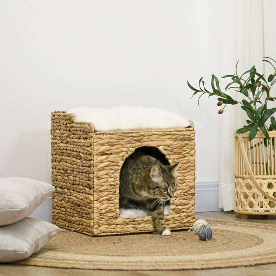 Sans Marque - Niche pour chat 2 niveaux avec 2 coussins en jacinthe d'eau - 37,5 x 37,5 x 41,5 cm marron crème - Image 3