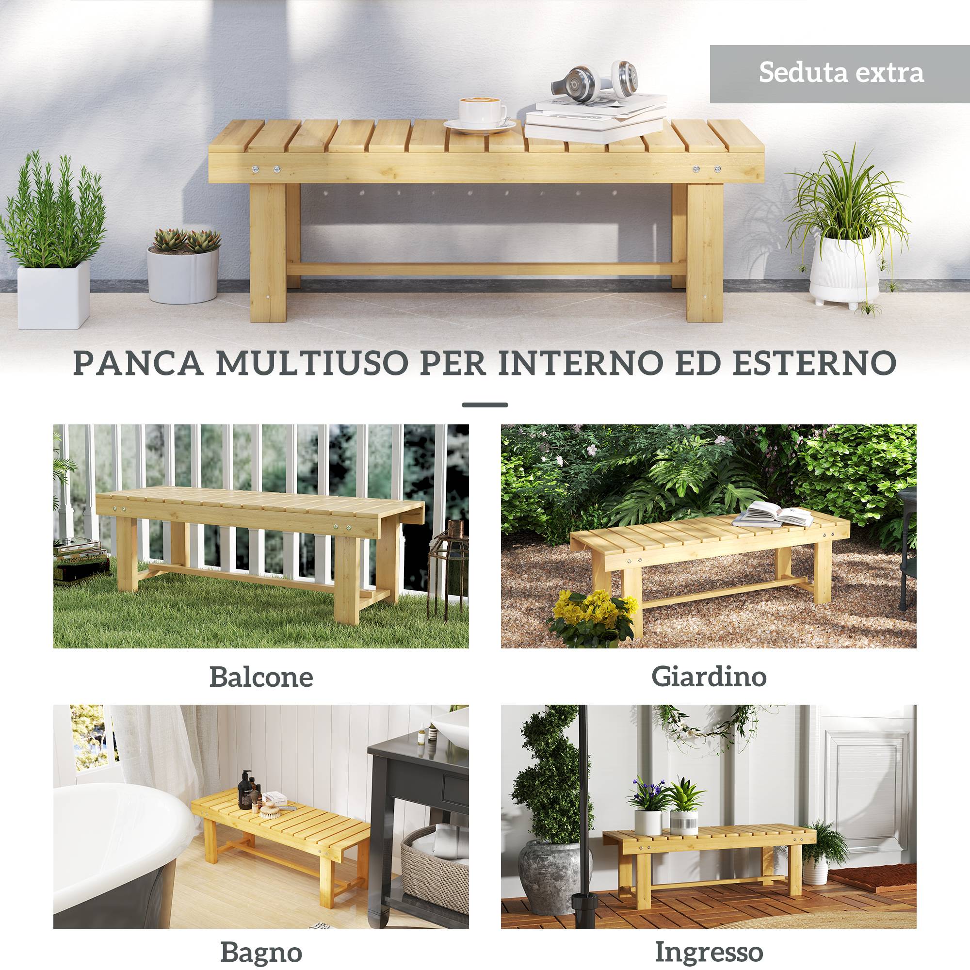 Banc de jardin sans dossier bois massif balcon terrasse usage intérieur 110x38x35cm naturel - ComfortXL Outdoor Living - Image 9