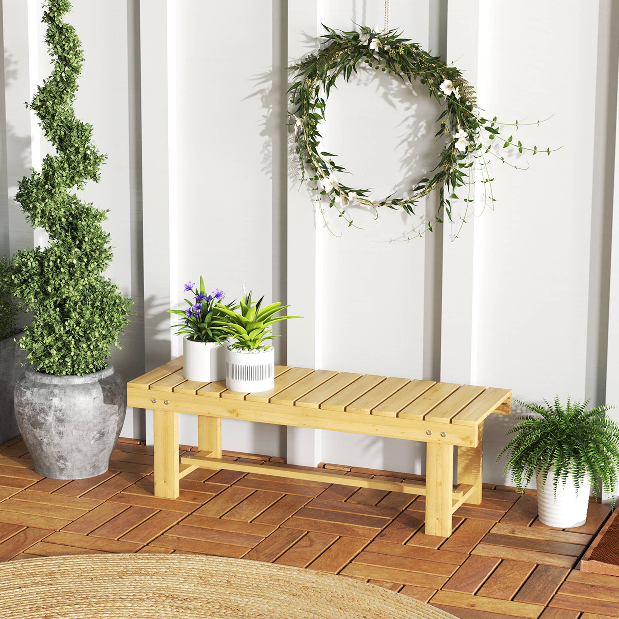 Banc de jardin sans dossier bois massif balcon terrasse usage intérieur 110x38x35cm naturel - ComfortXL Outdoor Living - Image 3