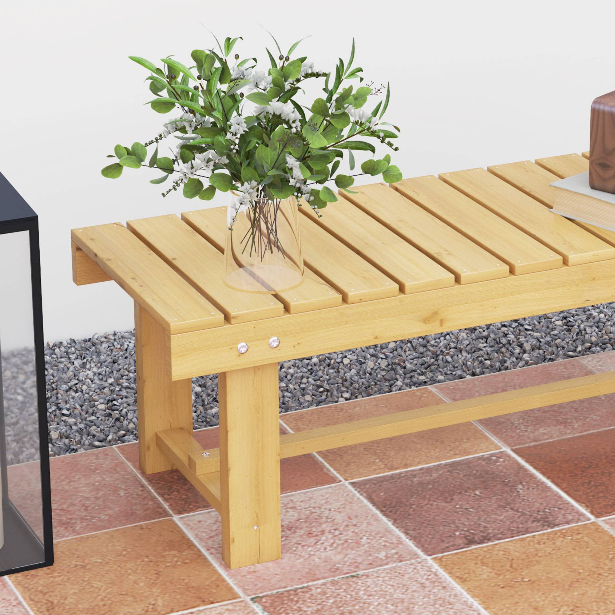 Banc de jardin sans dossier bois massif balcon terrasse usage intérieur 110x38x35cm naturel - ComfortXL Outdoor Living - Image 10