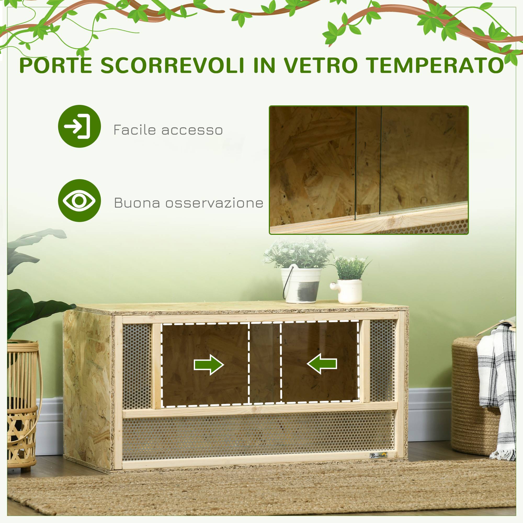 Terrarium en bois pour reptiles avec portes coulissantes en verre et panneaux grillagés, 40 x 80 x 40 cm - Image 8