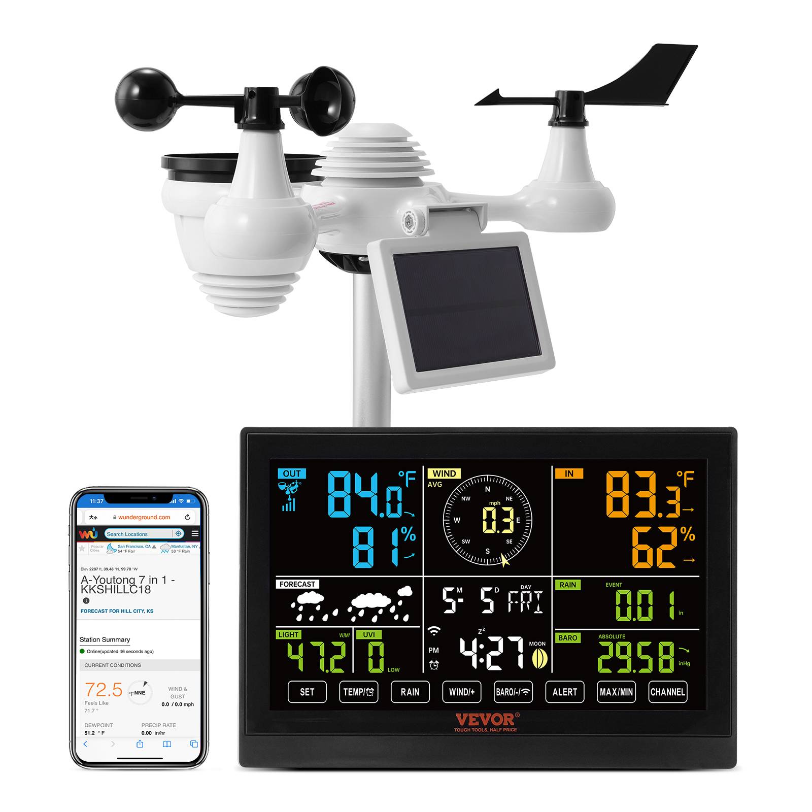 VEVOR Station Météo WiFi 7-en-1.Ecran couleur 7,5. Capteur solaire pour temp.,humidité,vent,pluie.Intérieur/extérieur. - Image 1