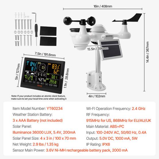 VEVOR Station Météo WiFi 7-en-1.Ecran couleur 7,5. Capteur solaire pour temp.,humidité,vent,pluie.Intérieur/extérieur. - Image 7