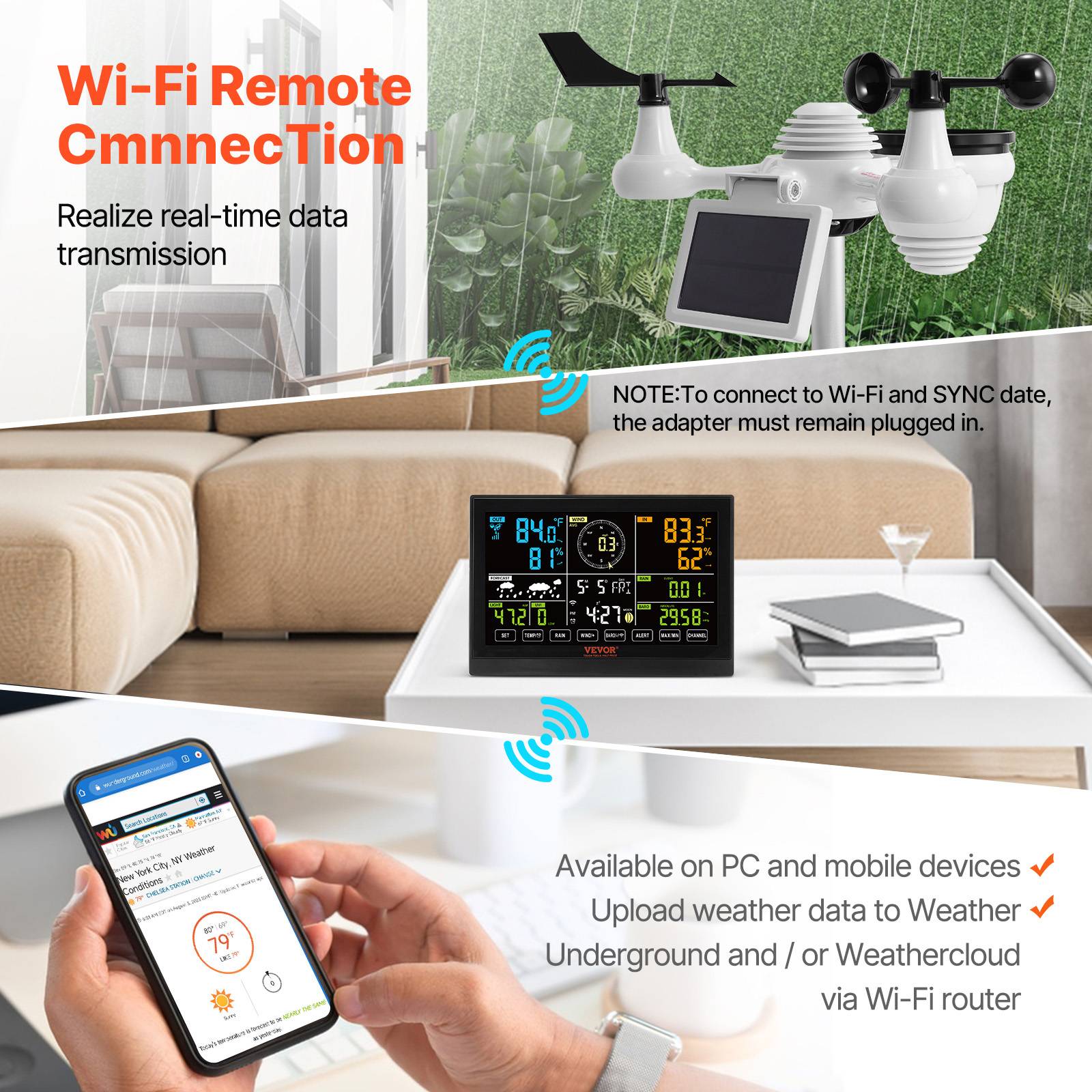 VEVOR Station Météo WiFi 7-en-1.Ecran couleur 7,5. Capteur solaire pour temp.,humidité,vent,pluie.Intérieur/extérieur. - Image 3