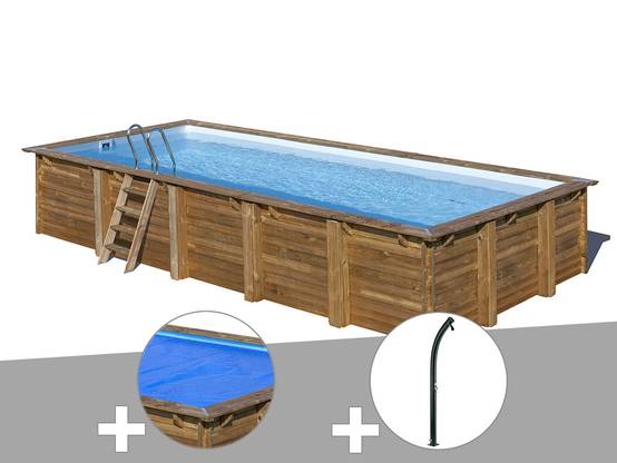 Gré - Kit piscine bois Gré Braga 8,15 x 4,20 x 1,46 m + Bâche à bulles + Douche