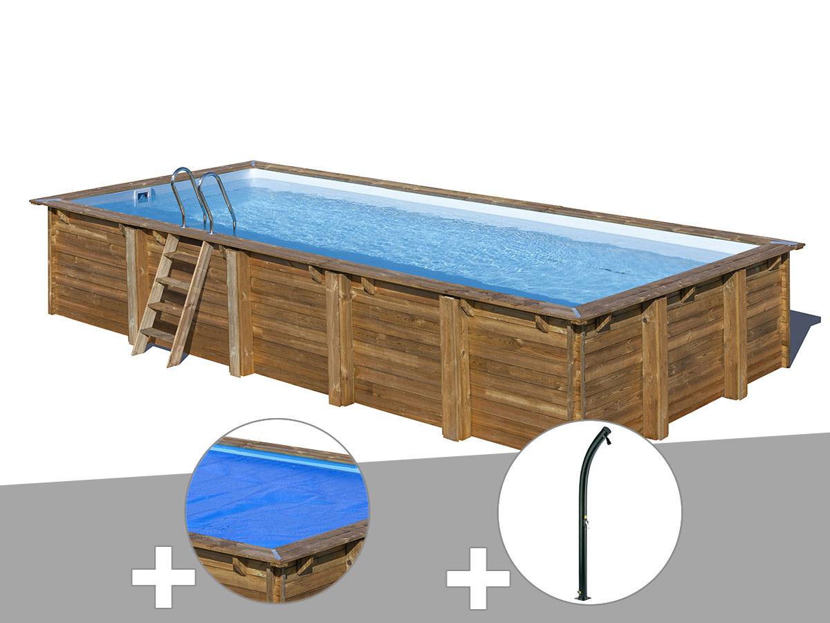 Gré - Kit piscine bois Gré Braga 8,15 x 4,20 x 1,46 m + Bâche à bulles + Douche