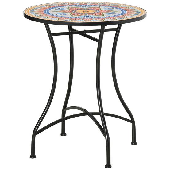 Table ronde mosaïque plateau céramique métal Ø60cm rouge bleu blanc, table d'appoint jardin bistrot - Image 1