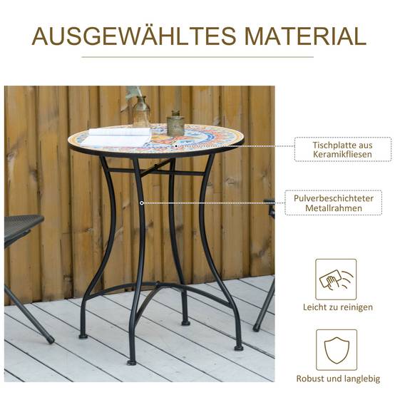 Table ronde mosaïque plateau céramique métal Ø60cm rouge bleu blanc, table d'appoint jardin bistrot - Image 6