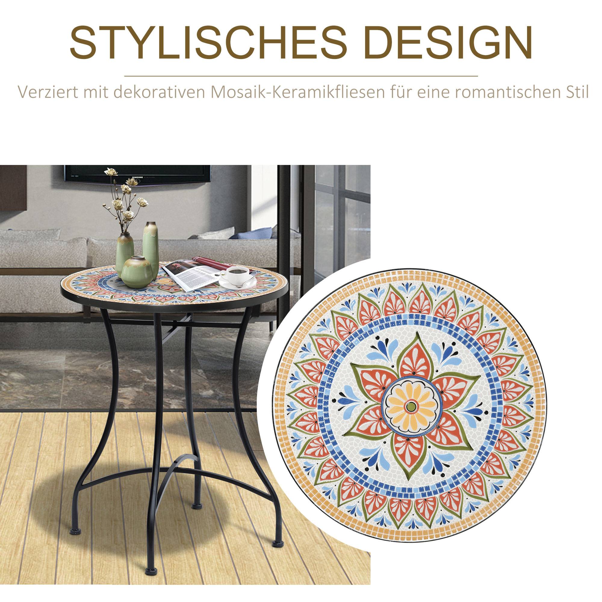 Table ronde mosaïque plateau céramique métal Ø60cm rouge bleu blanc, table d'appoint jardin bistrot - Image 4