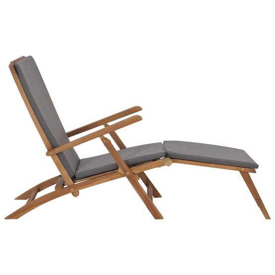 Helloshop26 - Transat chaise longue bain de soleil lit de jardin terrasse meuble d'extérieur 152 cm avec coussin gris foncé bois de teck solide - Imagen 3