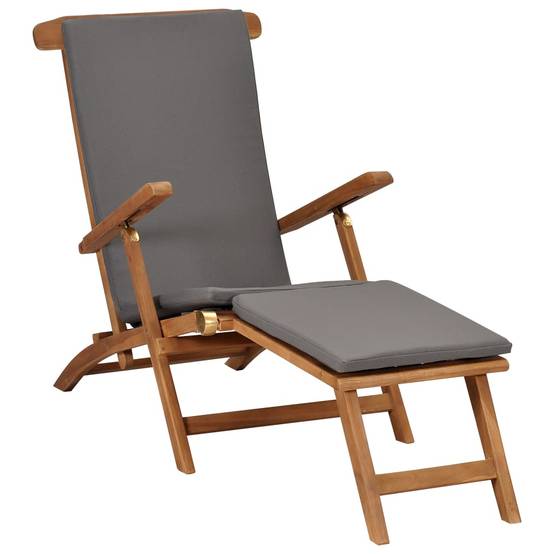Helloshop26 - Transat chaise longue bain de soleil lit de jardin terrasse meuble d'extérieur 152 cm avec coussin gris foncé bois de teck solide - Imagen 1