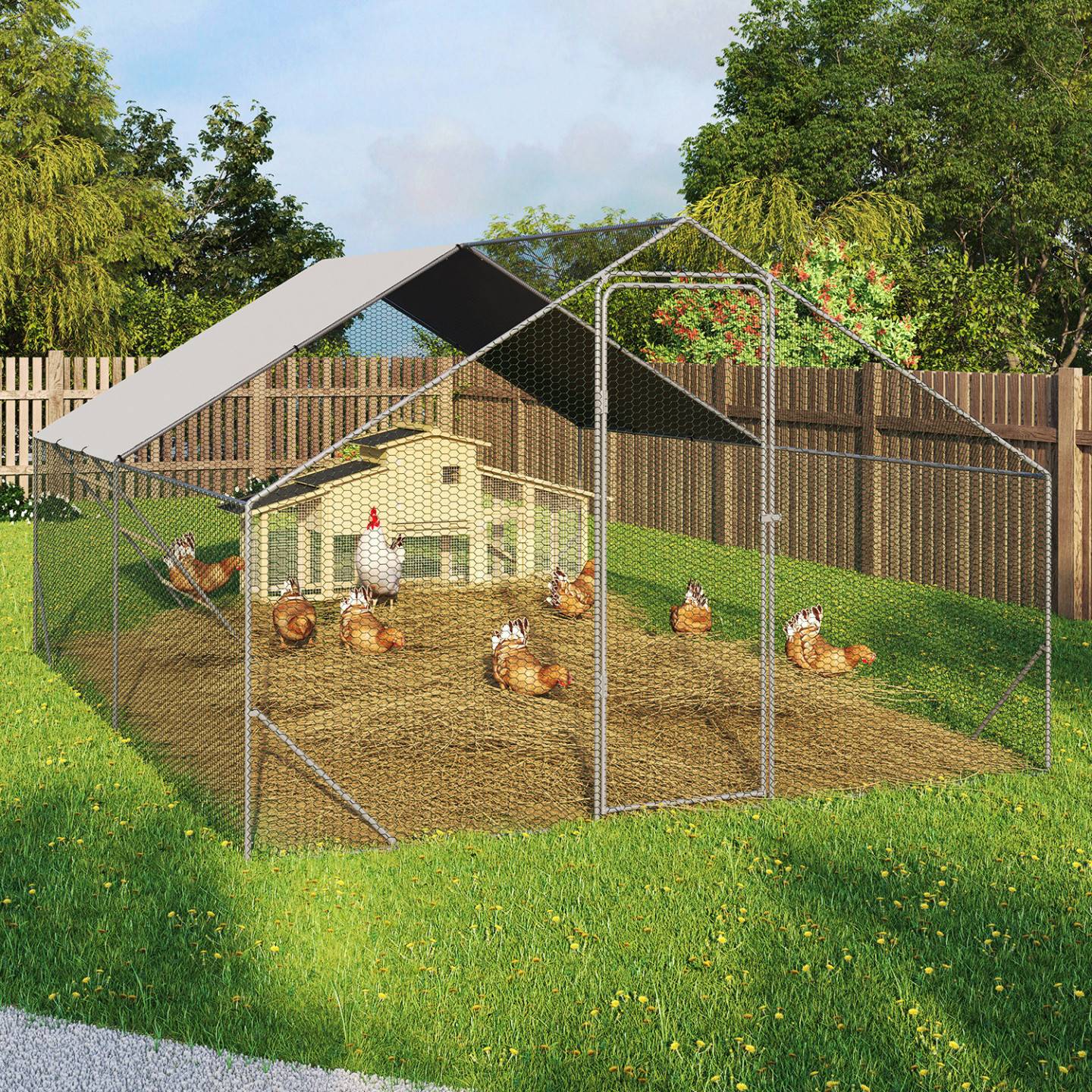 Enclos poulailler 12 m² 4x3 M avec grand perchoir 4 niveaux en bois acier galvanisé - Image 1