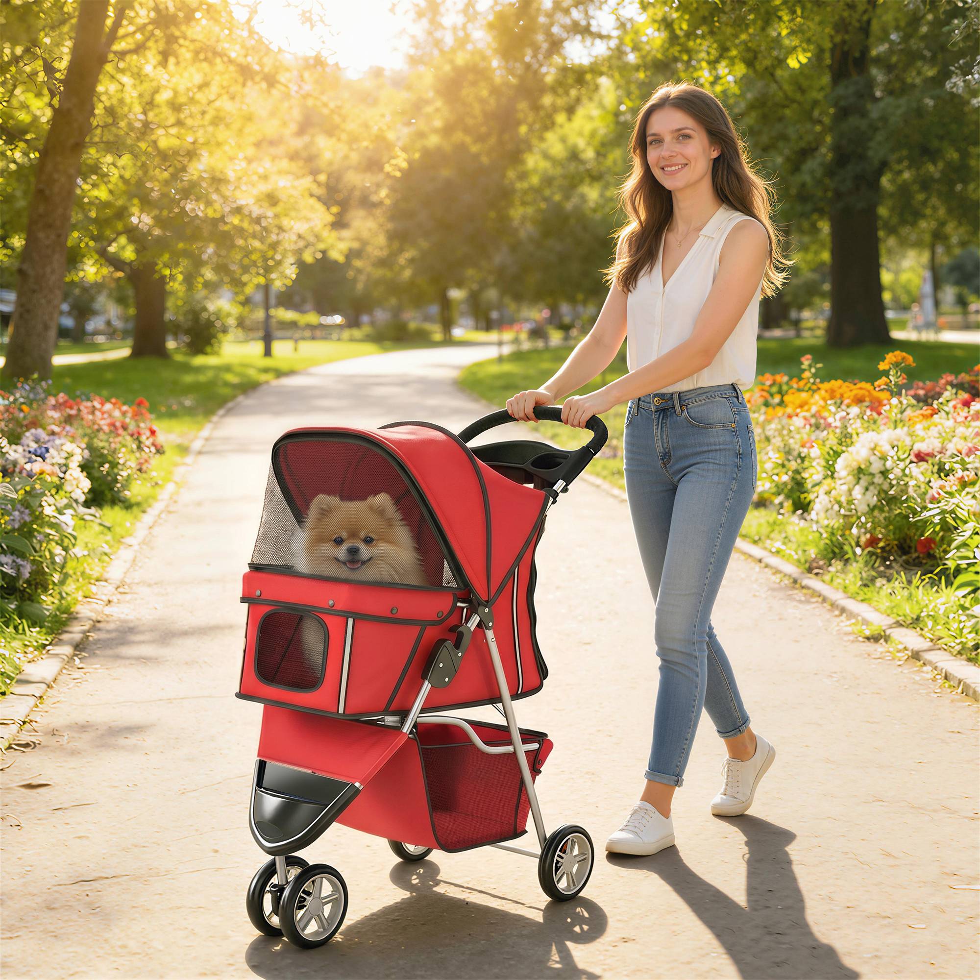 Poussette pour Chien 4 Roues, Chariot Pliable avec Auvent Réglable, Panier de Rangement, 77x44x102cm, Rouge - Image 4