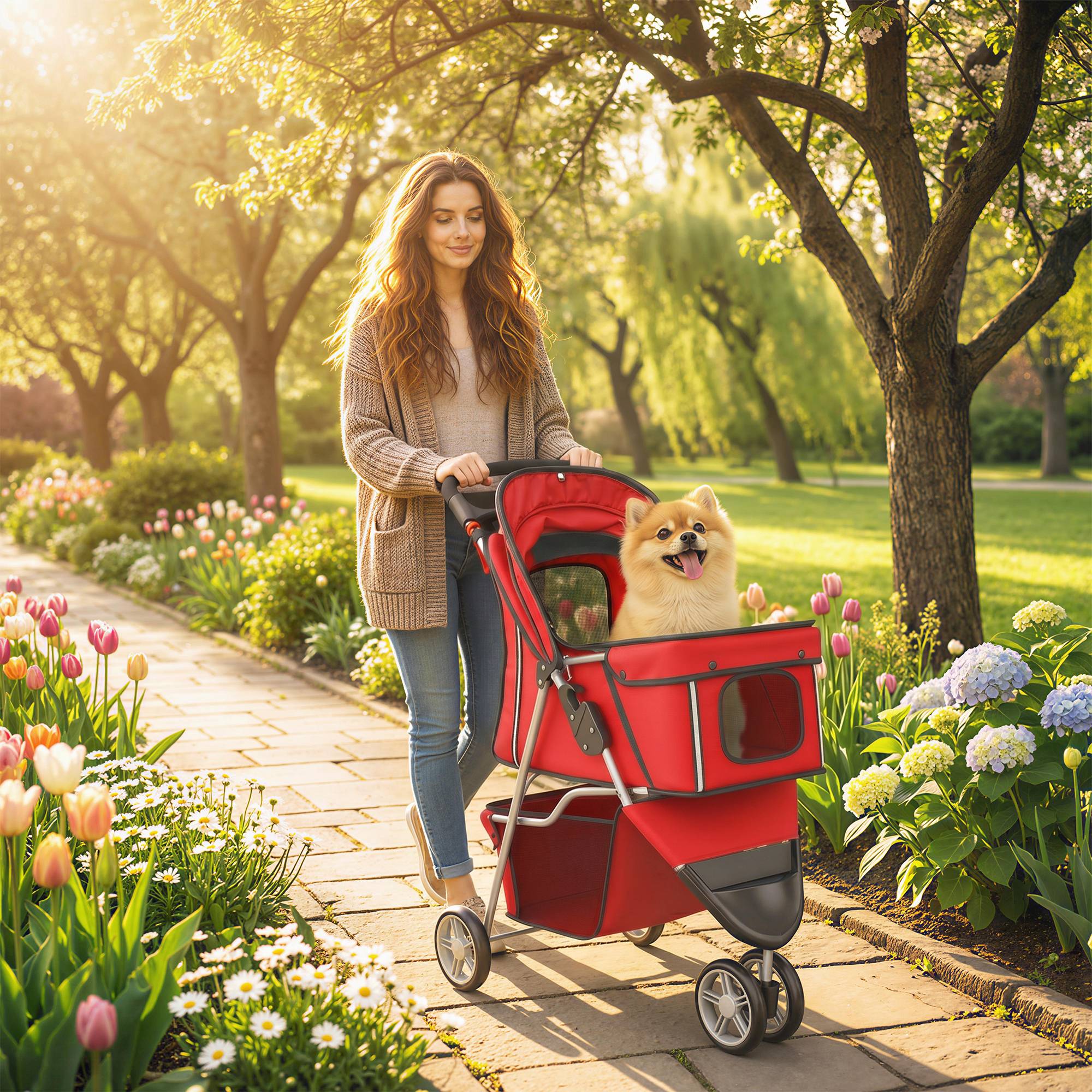 Poussette pour Chien 4 Roues, Chariot Pliable avec Auvent Réglable, Panier de Rangement, 77x44x102cm, Rouge - Image 3