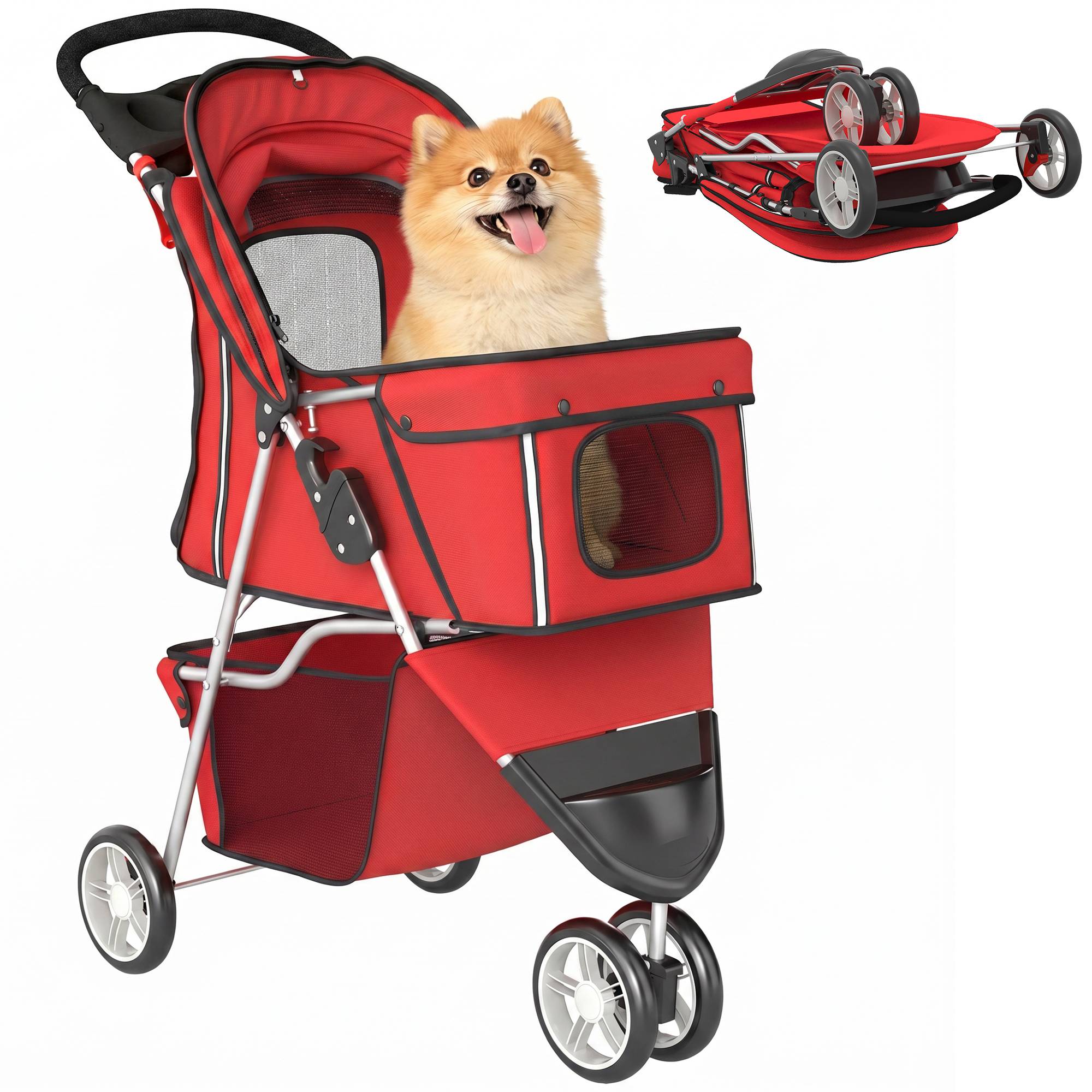 Poussette pour Chien 4 Roues, Chariot Pliable avec Auvent Réglable, Panier de Rangement, 77x44x102cm, Rouge - Image 1